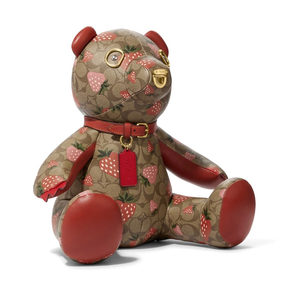 Coach Collectible Teddy Bear Logo Signature Canvas Wild Strawberry Print 16” NEW